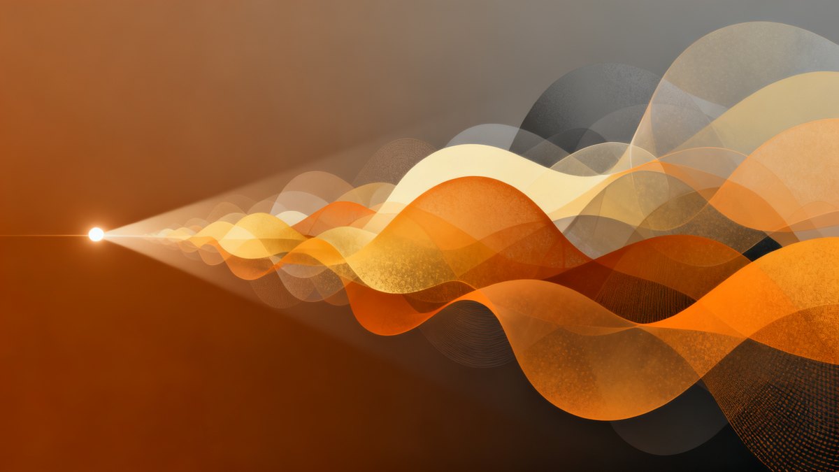 A single bright point of light widening into a broad connected landscape of warm overlapping shapes
